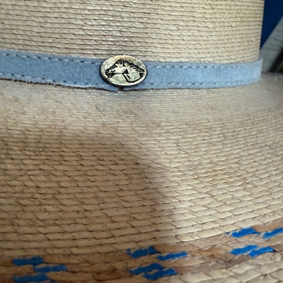 Alamo Hats Structured Wide Brim Straw Dress Hat Blue Woven Trim 7.5 x 6 - Picture 3 of 4